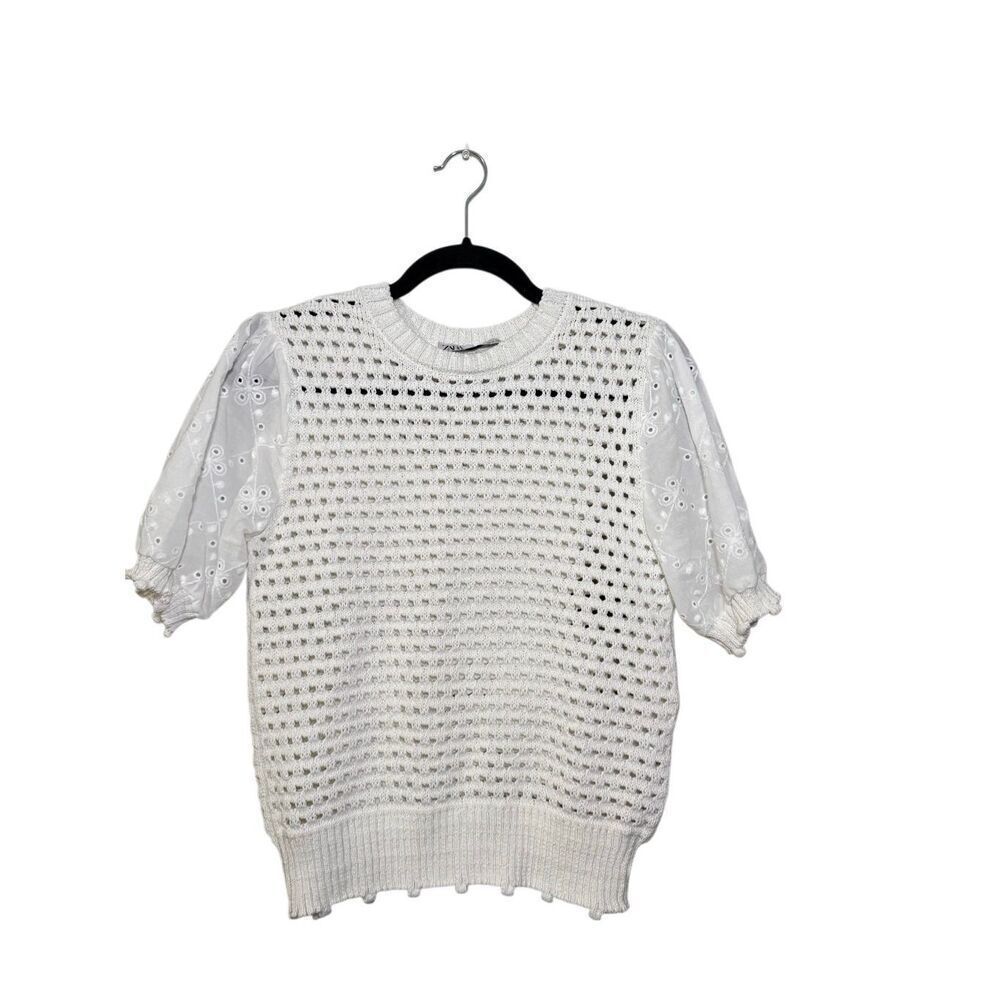 Zara white knit puff sleeve top Small